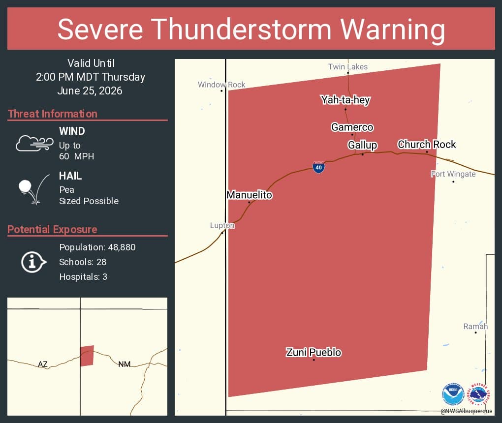 Severe thunderstorm warning issued for Gallup, Zuni Pueblo area