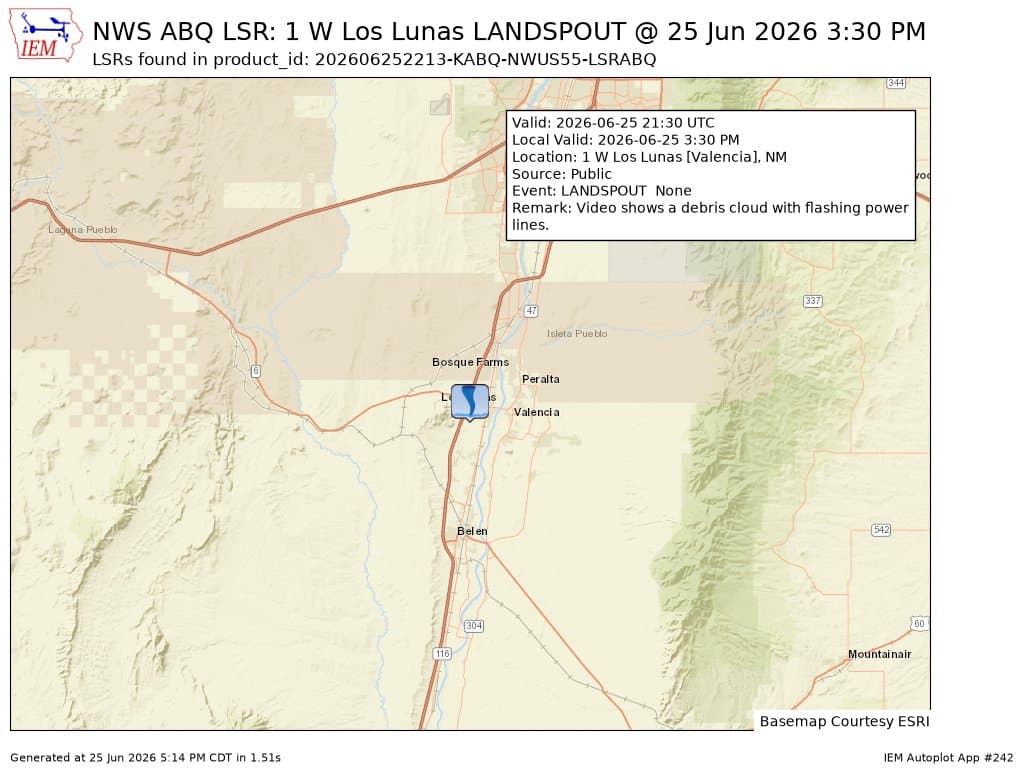 Landspout confirmed near Los Lunas, debris and power line sparks reported