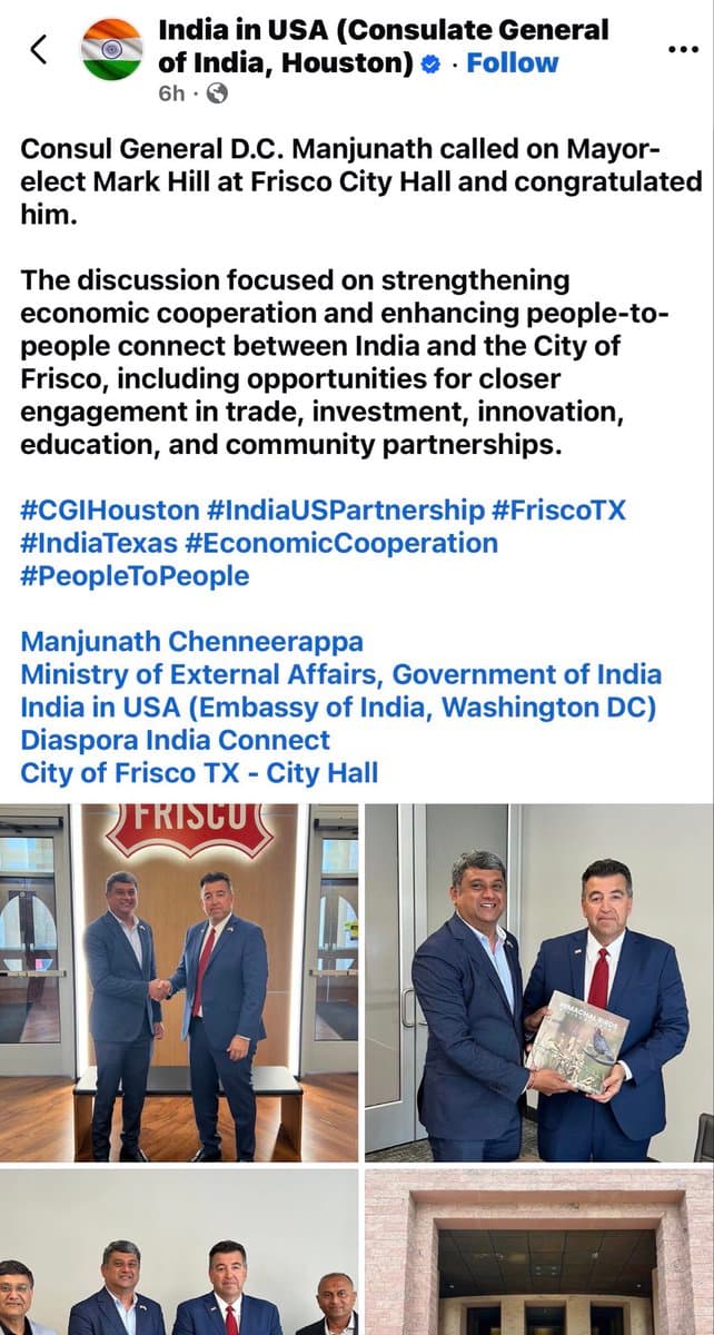 Frisco mayor-elect Mark Hill meets Indian consul after runoff win