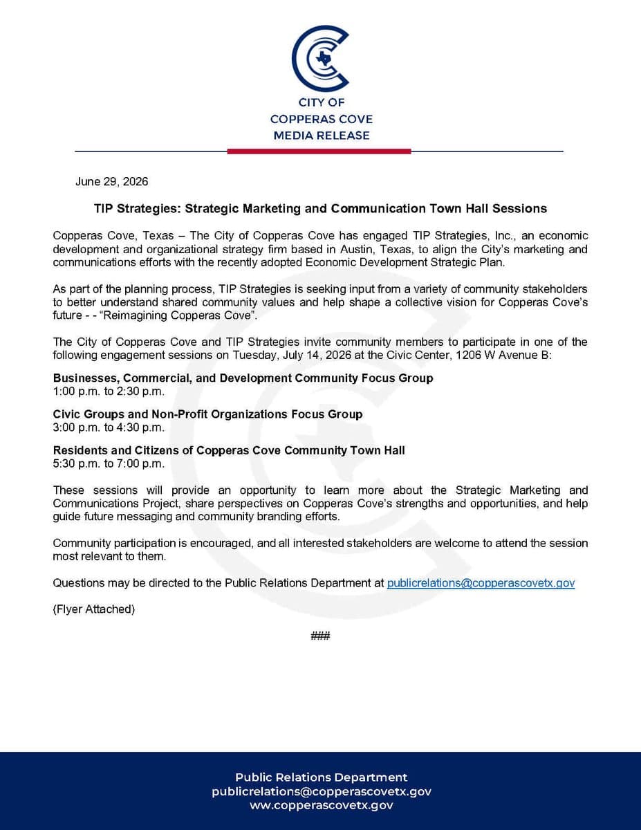 Copperas Cove hires TIP Strategies to align branding with economic plan