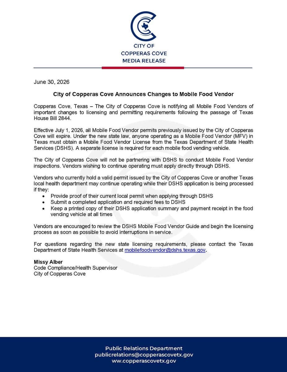 Copperas Cove updates mobile food vendor rules ahead of state overhaul