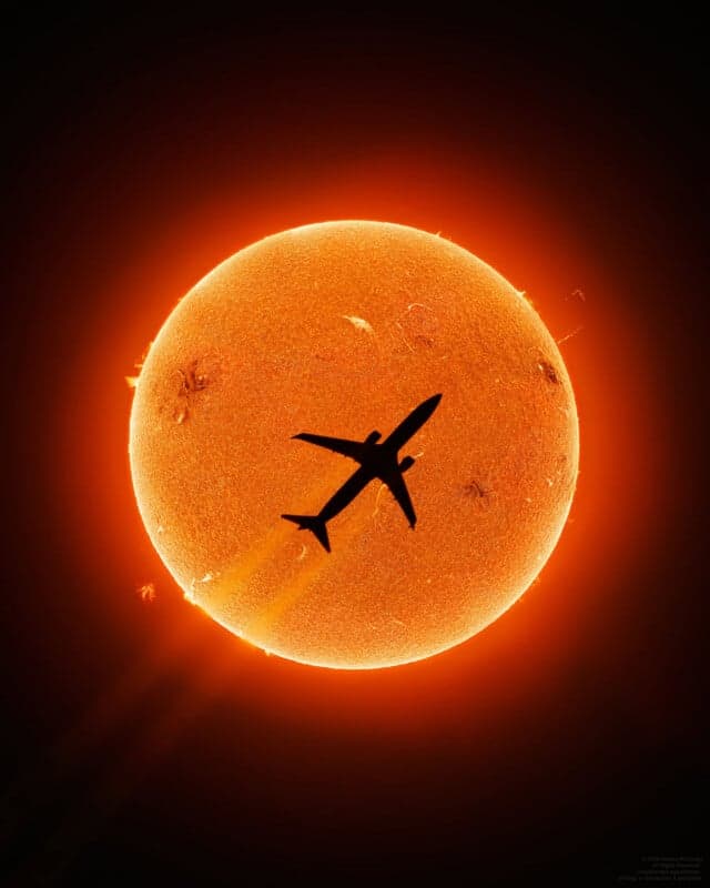 Andrew McCarthy captures Boeing 737 crossing the Sun after six-day wait