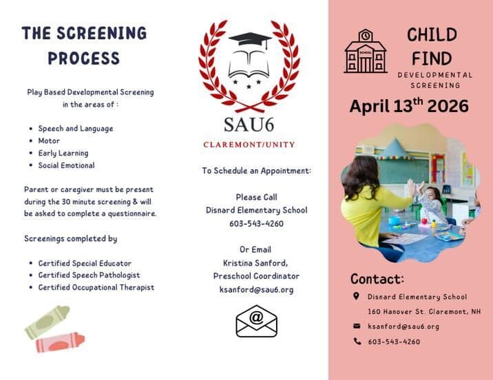 SAU 6 Offers Free Child Developmental Screening in Claremont This April