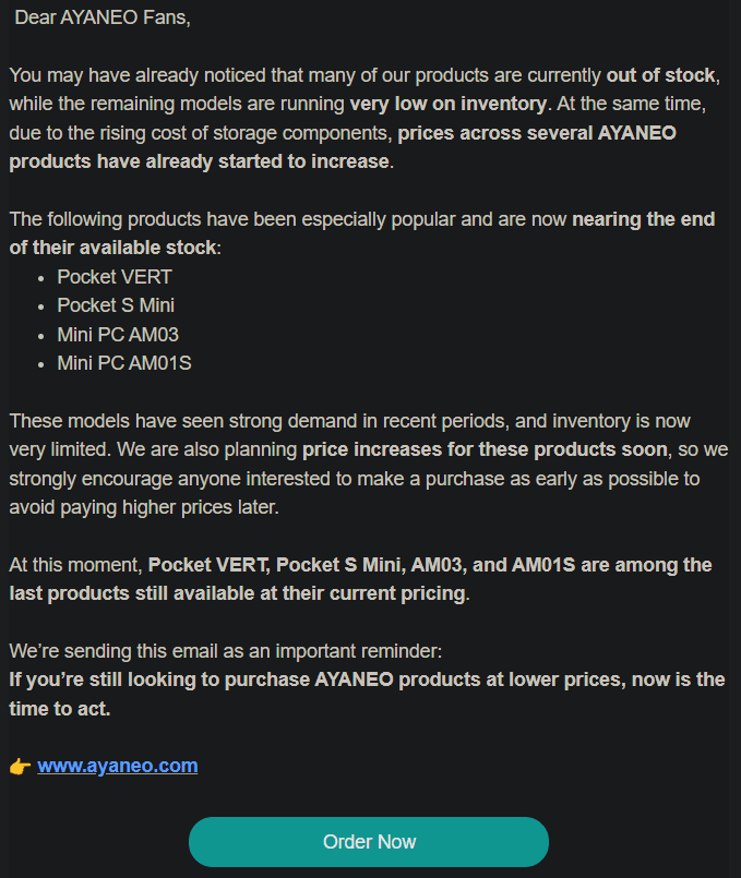 AYANEO warns retro handheld prices are rising as stock runs low