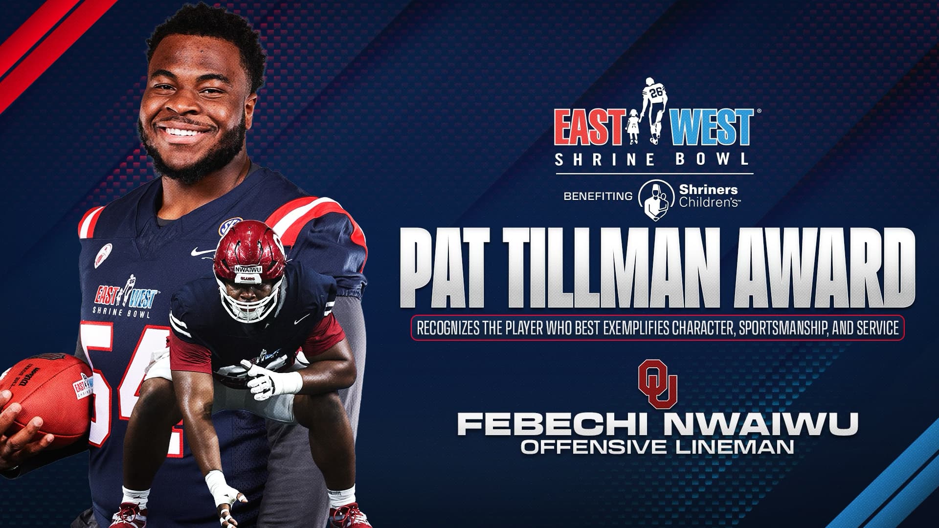 Oklahoma OL Febechi Nwaiwu Wins Pat Tillman Award at Shrine Bowl