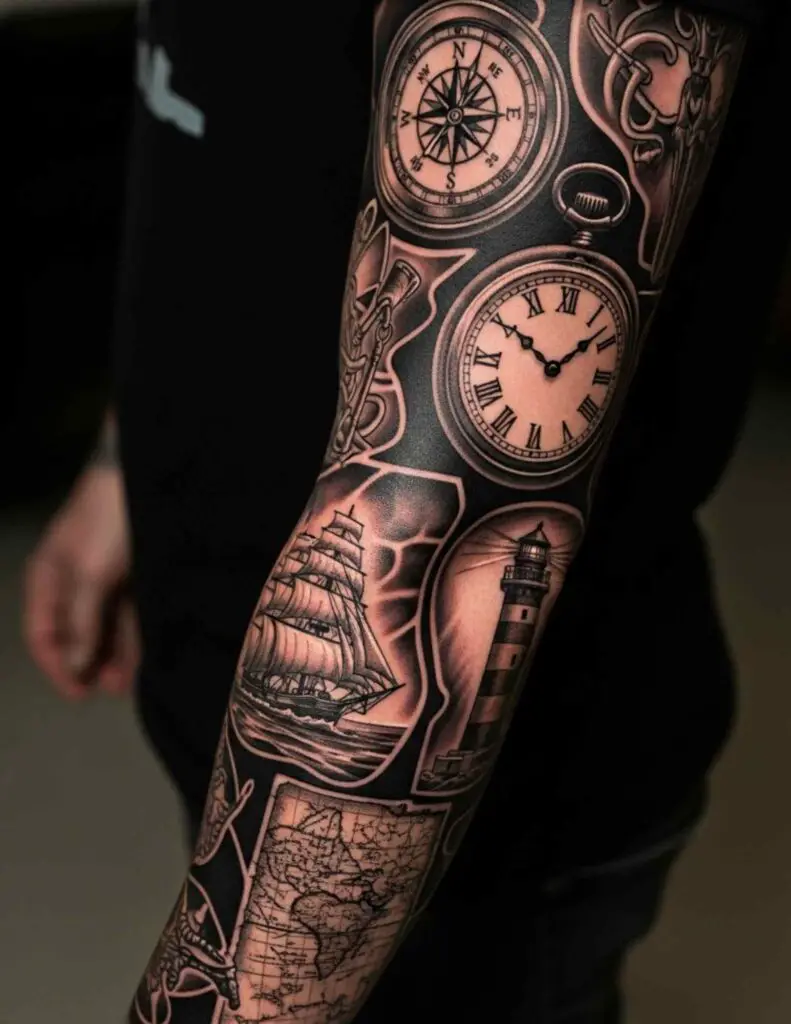 Geometric Sleeve Filler Turns Separate Tattoos Into One Flowing Design