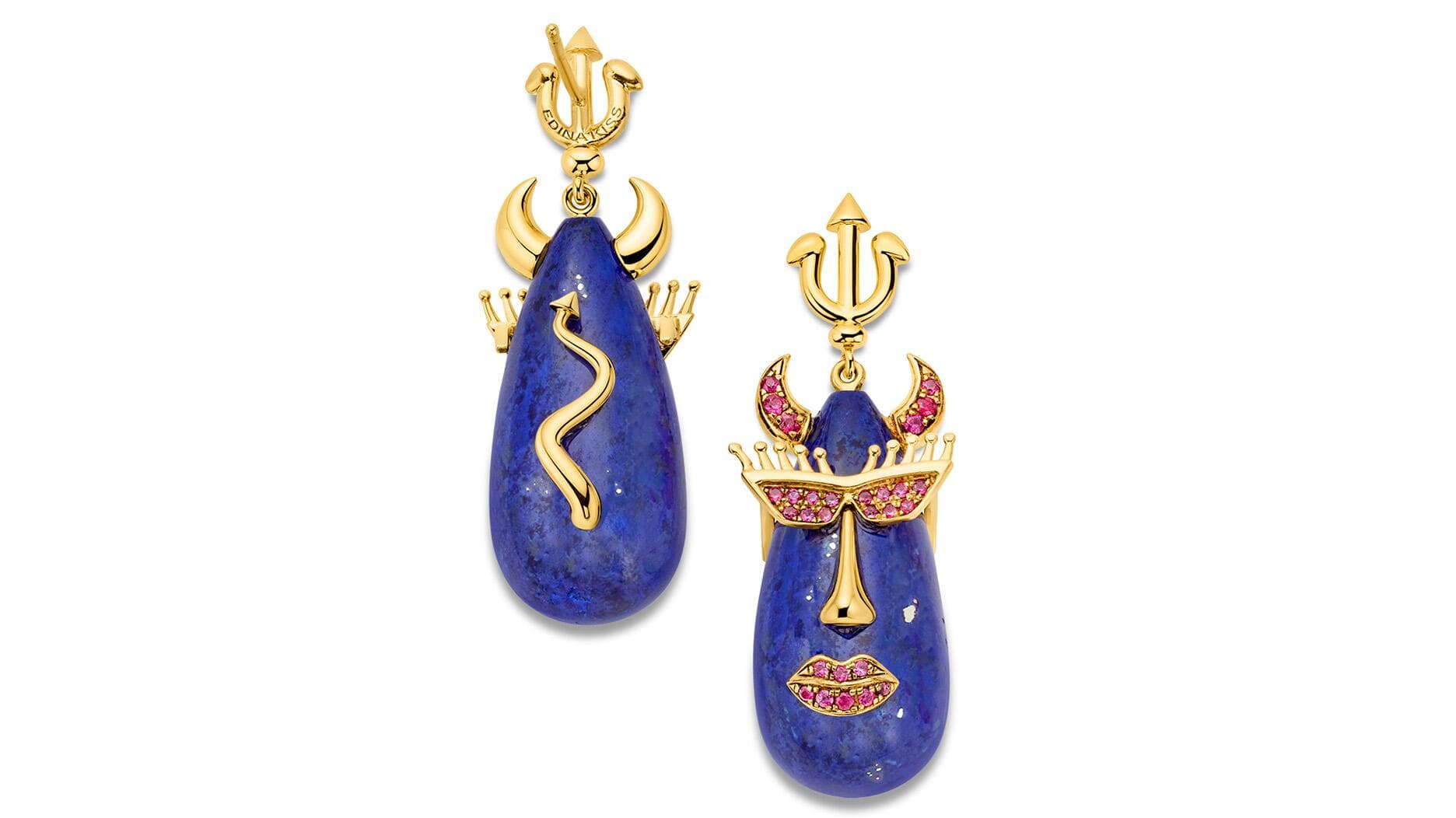 Edina Kiss’s Devil earrings tempt with lapis, ruby, sapphire accents