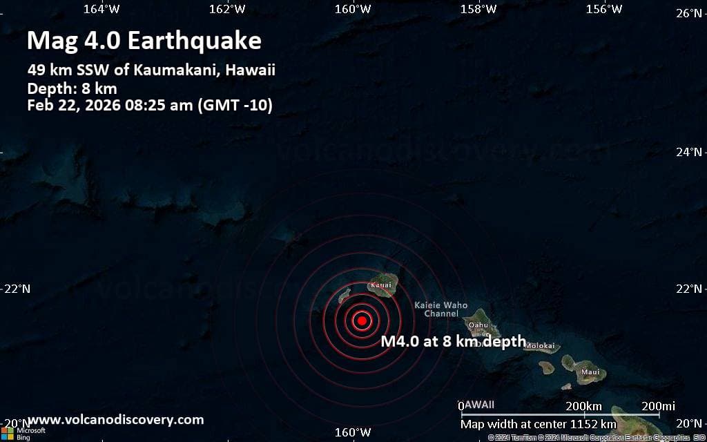 4.1 Magnitude Earthquake Strikes Off Kauai Southwest Coast, No Tsunami Threat