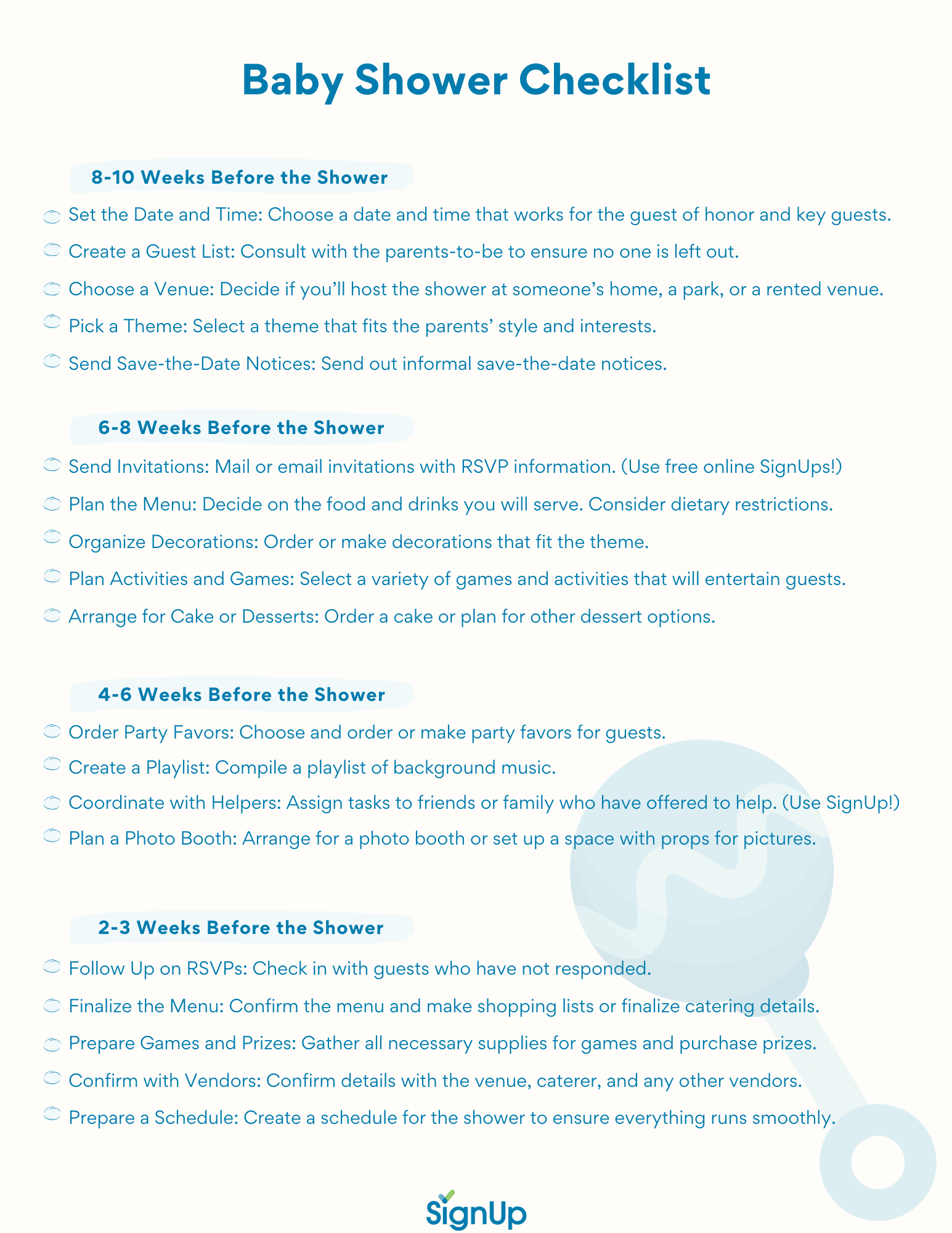 Baby shower checklist: plan guests, food, venue, gifts, and logistics