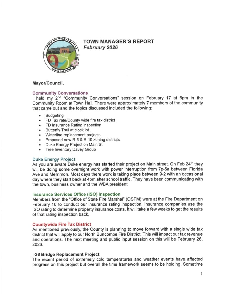 Weaverville Releases February 2026 Town Manager Report Detailing Projects, Priorities