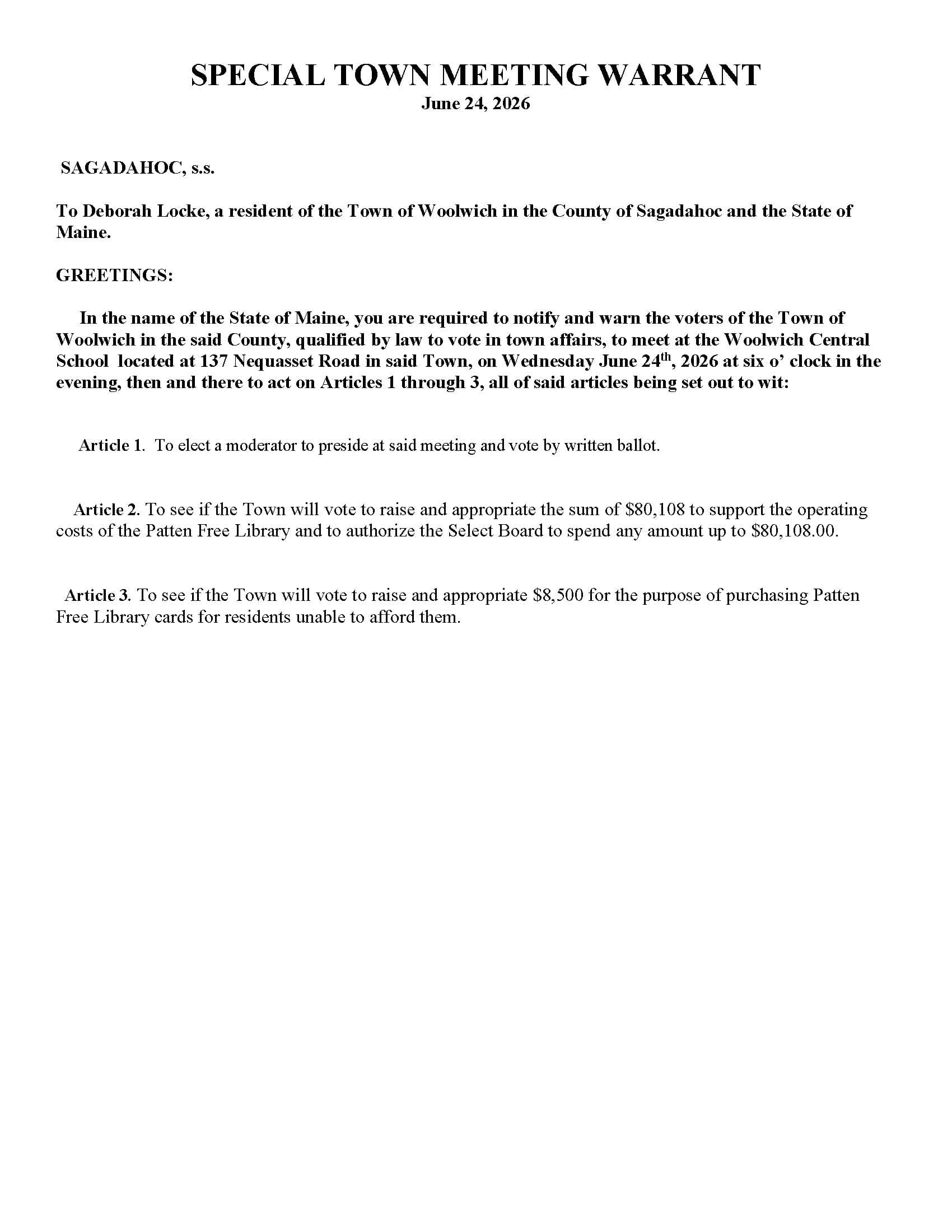 Woolwich schedules special town meeting for June 24 at school
