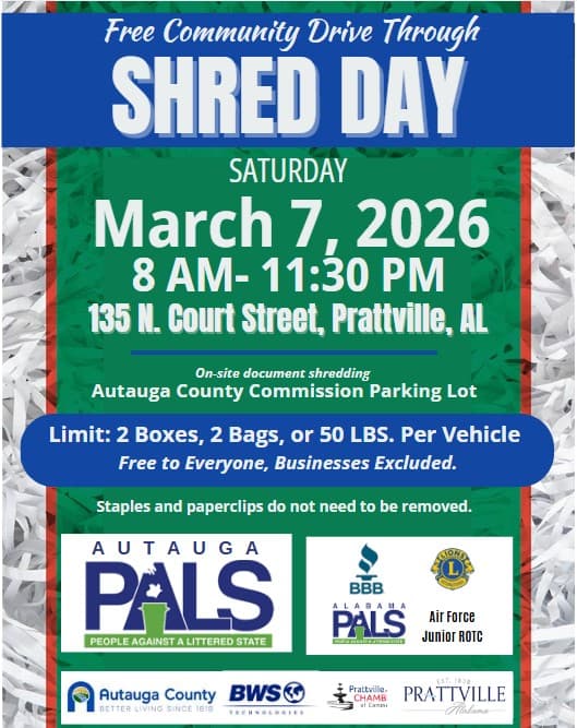 Autauga PALS Hosts Free Drive-Through Shred Day at County Commission Parking Lot