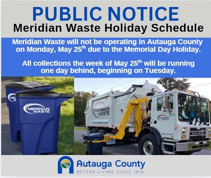 Autauga County trash pickup delayed one day for Memorial Day