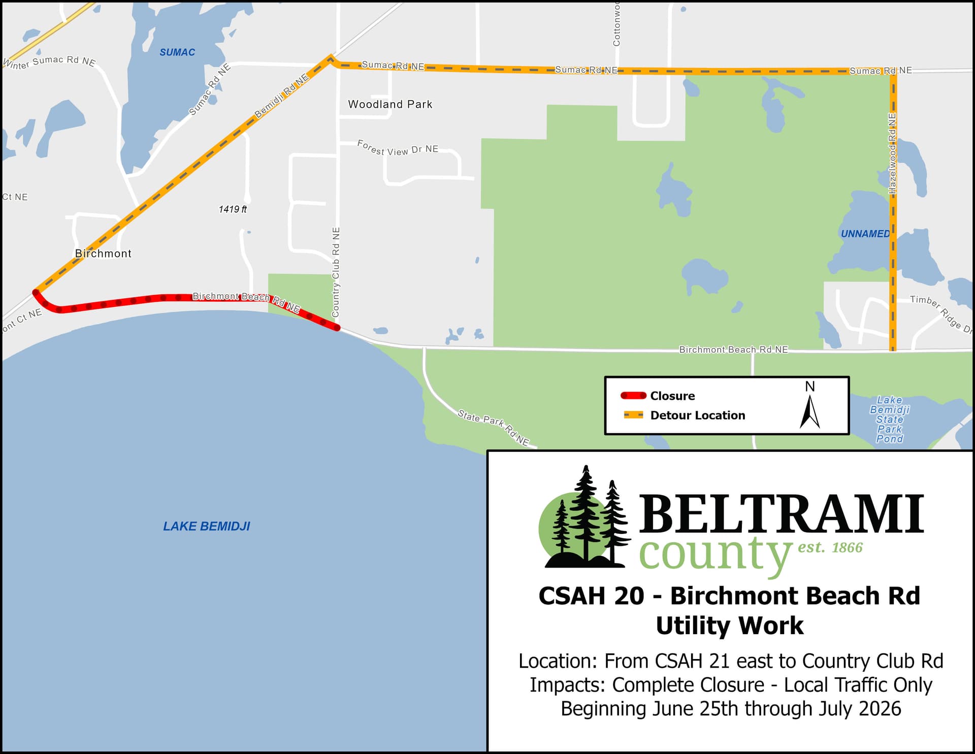 Beltrami County to close Birchmont Beach Road NE for utility work