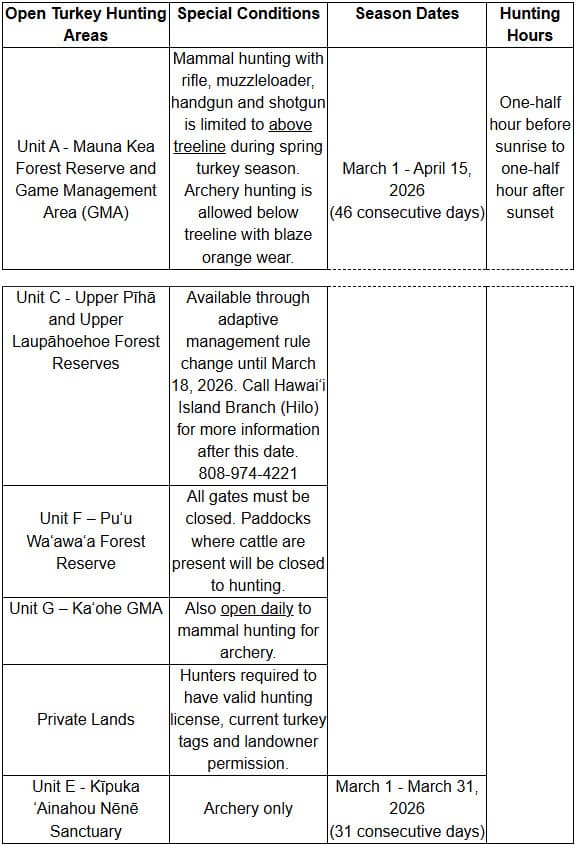 DLNR Sets 2026 Spring Bearded Turkey Season, Bag Limits on Hawaiʻi Island