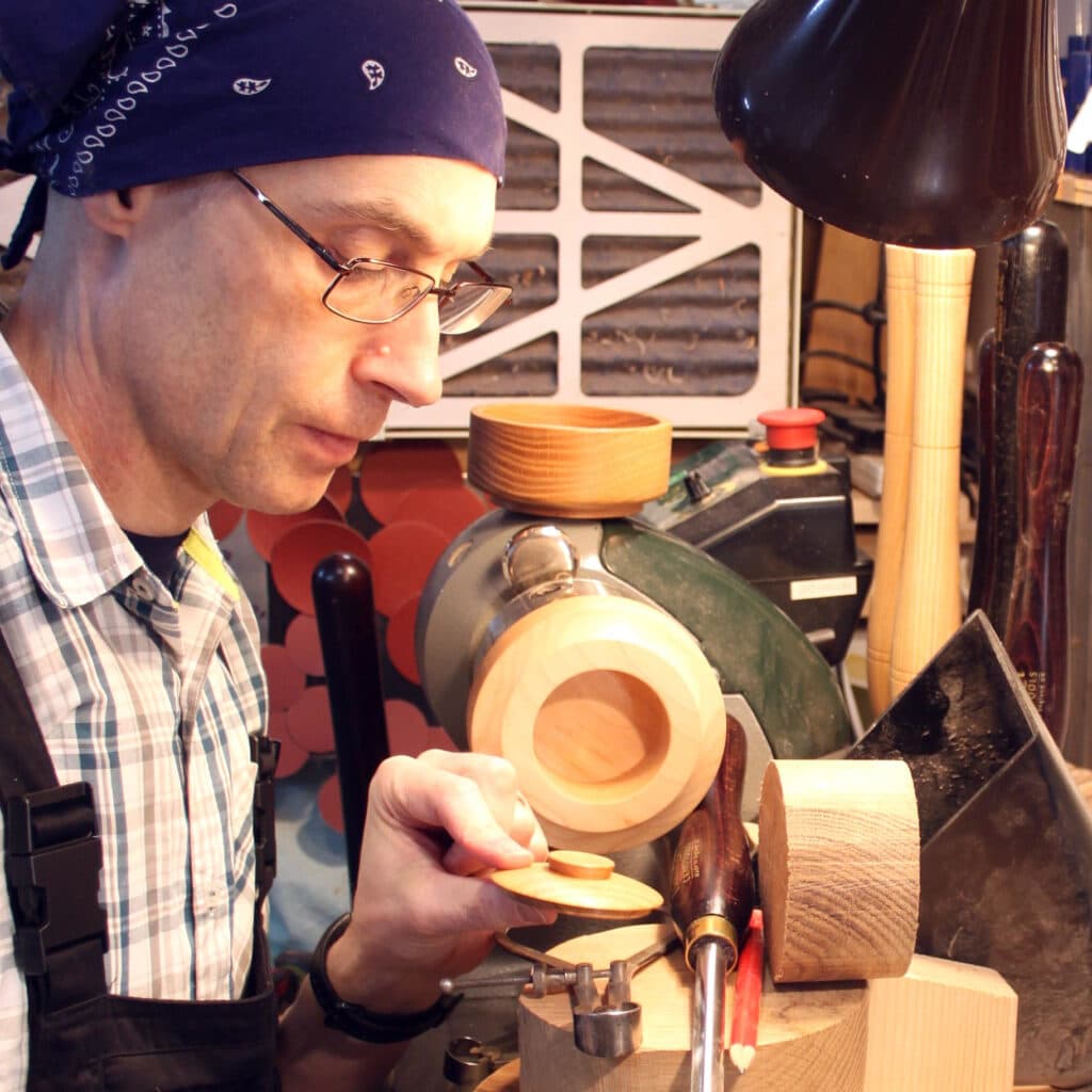 Seated wood turner David Rodgers shares Bucks Art Weeks spotlight with daughter