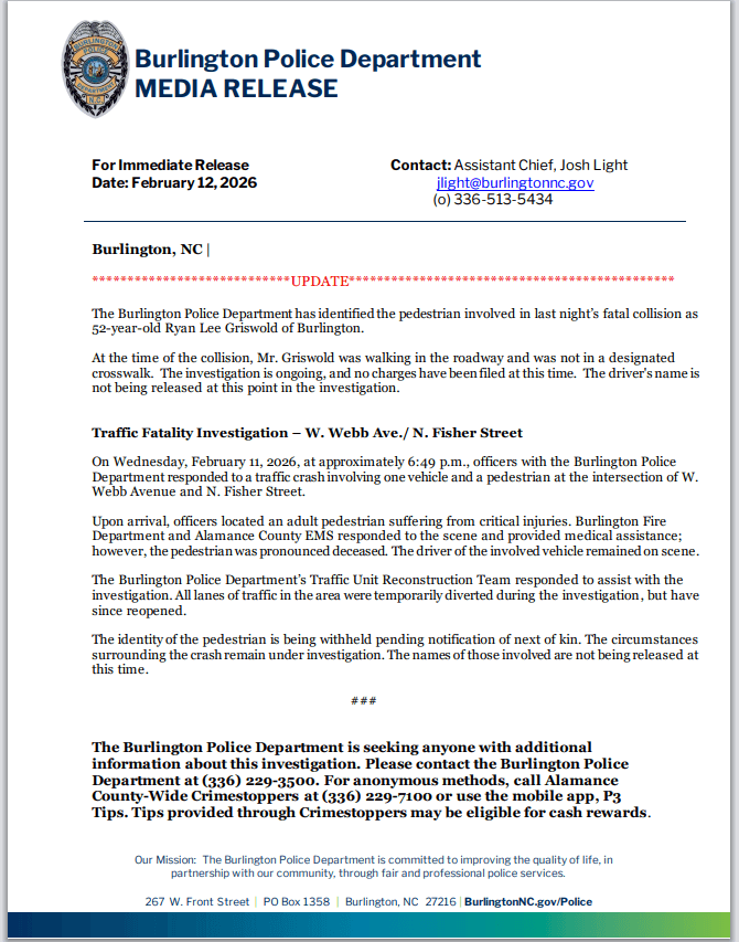 Pedestrian killed at W. Webb Ave and N. Fisher intersection in Burlington