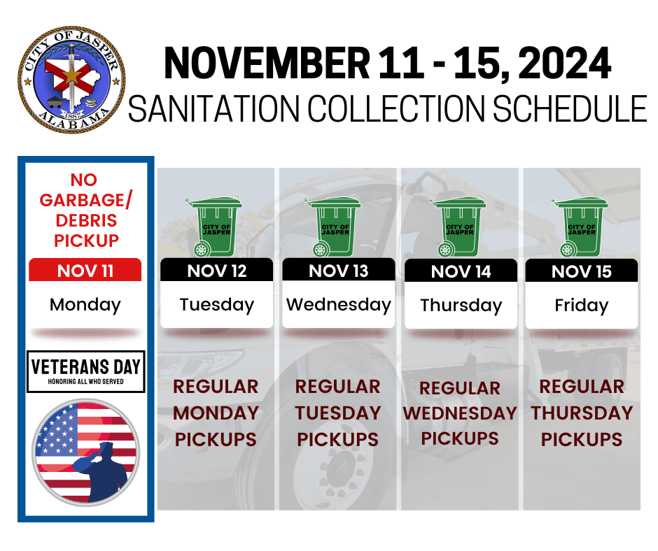 Jasper shifts trash pickup and closes services for Veterans Day observance