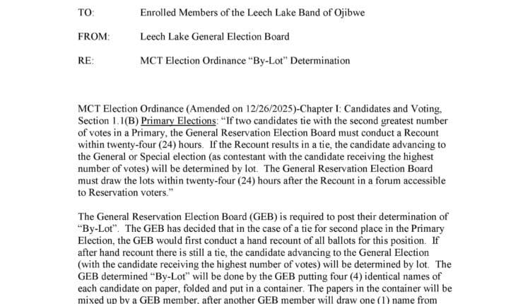 Leech Lake Election Board Publishes MCT Ordinance, Sets 2026 Reservation Election Schedule