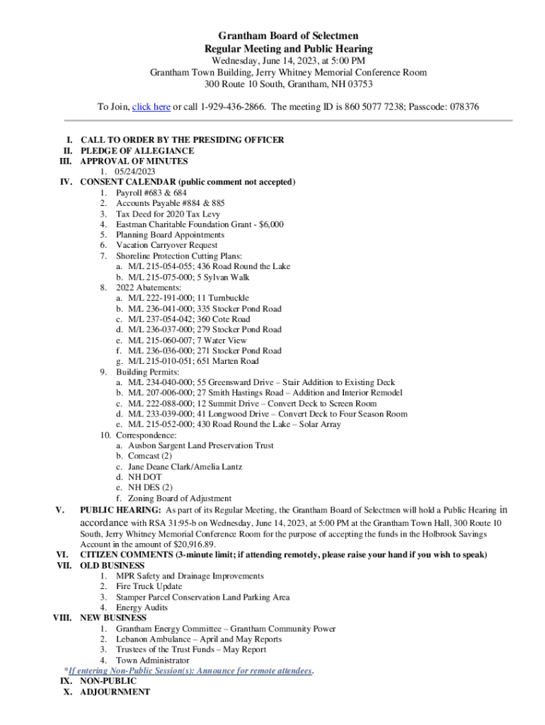 Grantham Updates Municipal Calendar with New Meetings and Local Events