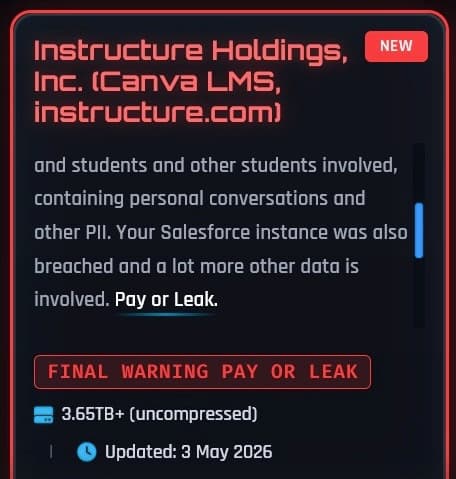 ShinyHunters claims new Instructure hack, threatens schools with data leak