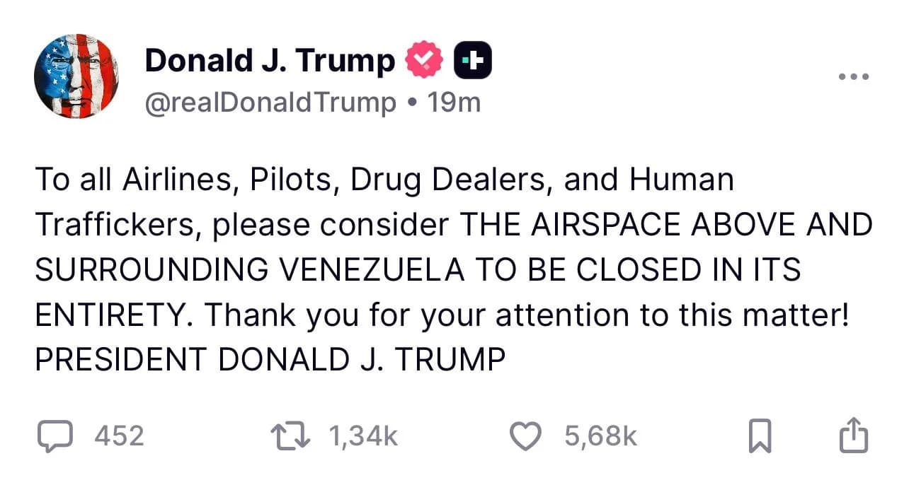 Trump Calls For Venezuelan Airspace To Be Closed Entirely