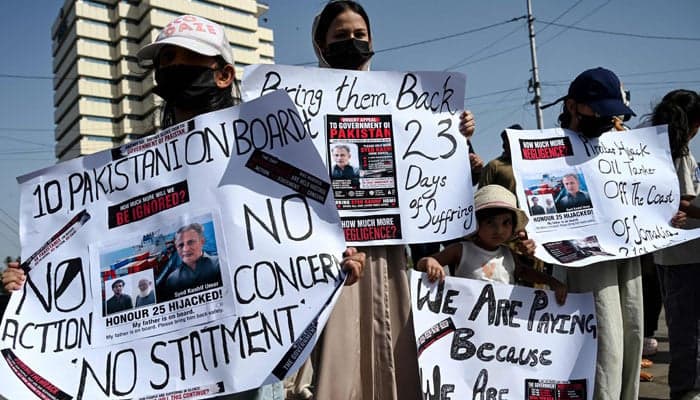Families in Karachi demand rescue of Pakistani seamen held by Somali pirates