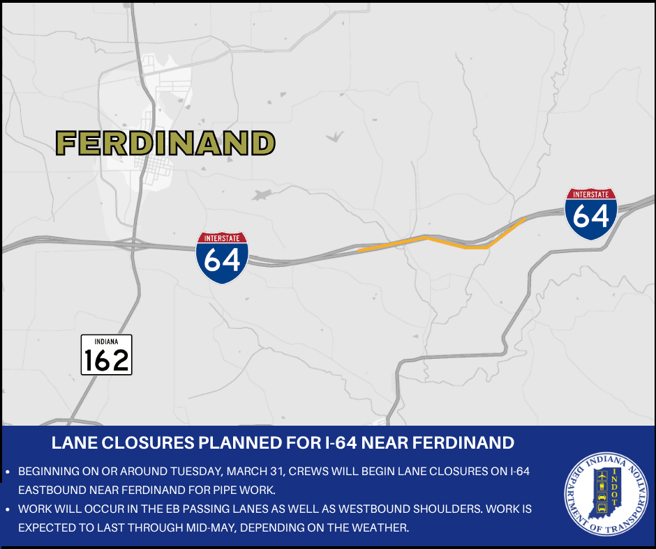 INDOT Lane Closures on I-64 to Impact Perry County Drivers Starting March 31