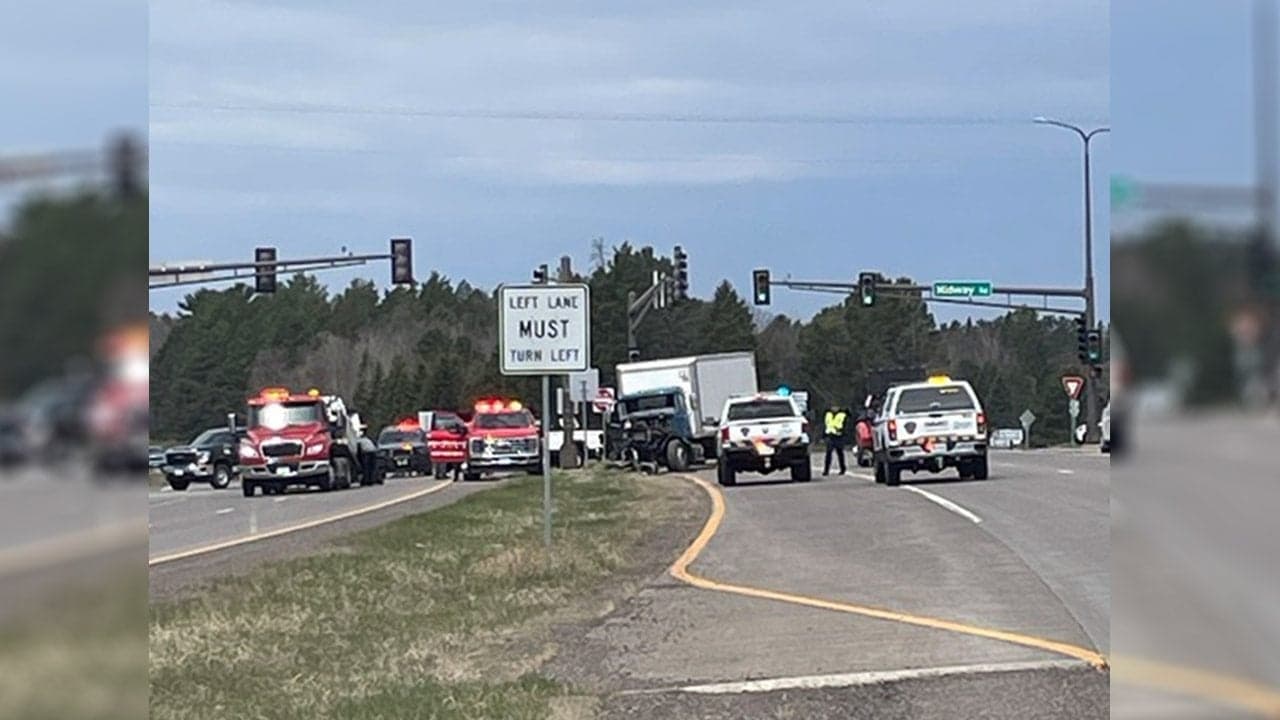 Box truck rear-ends pickup at Highway 53 red light, two hurt