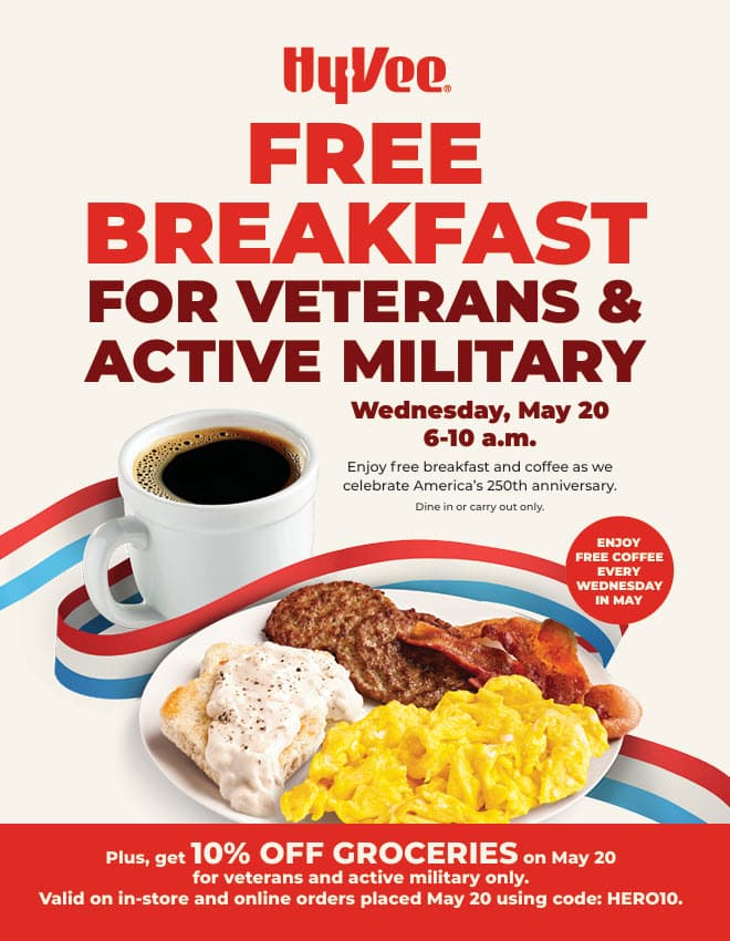 Hy-Vee offers free breakfast for veterans, active-duty service members Wednesday