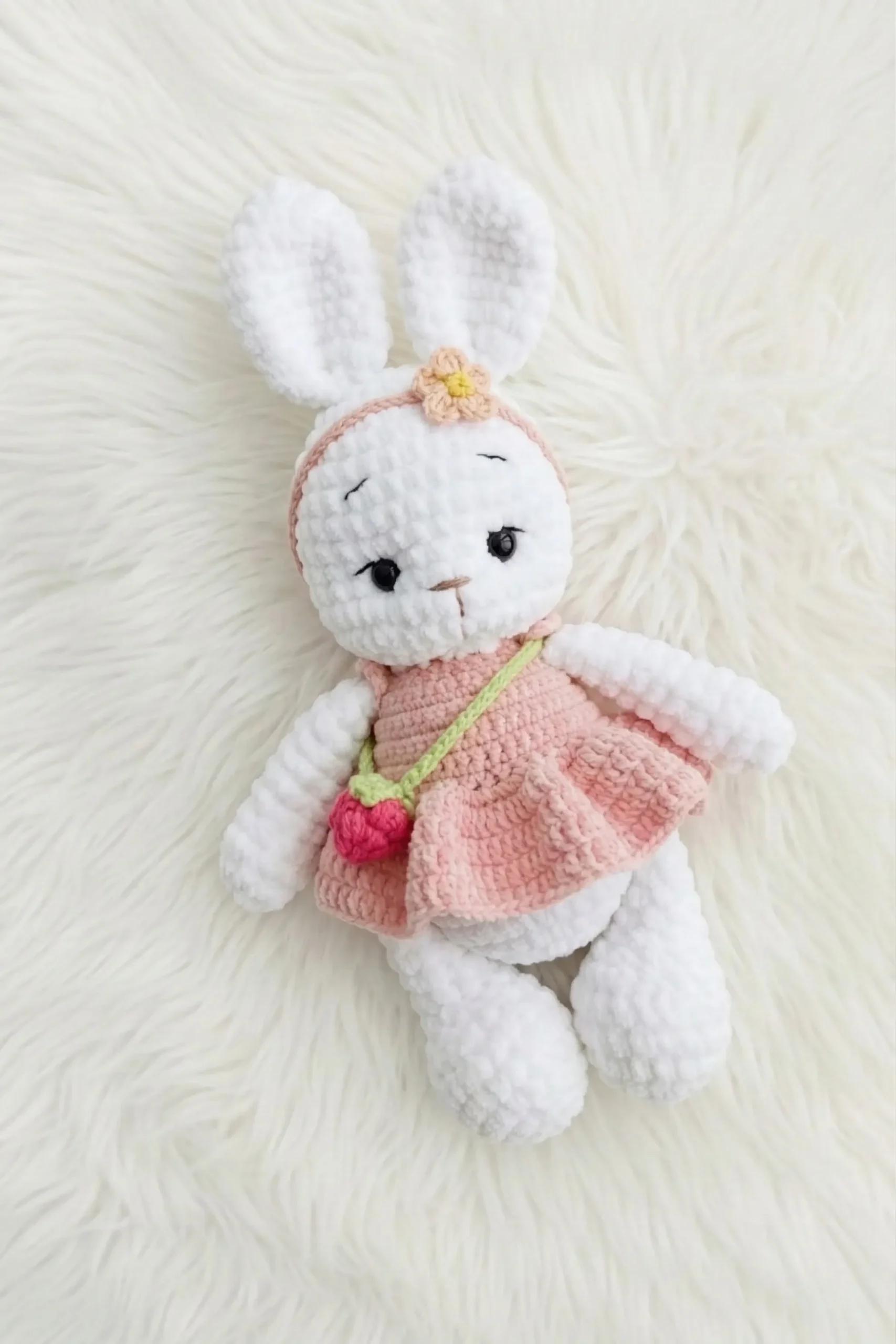 Free Crochet Pattern Features Bunny with Dress, Headband, and Raspberry