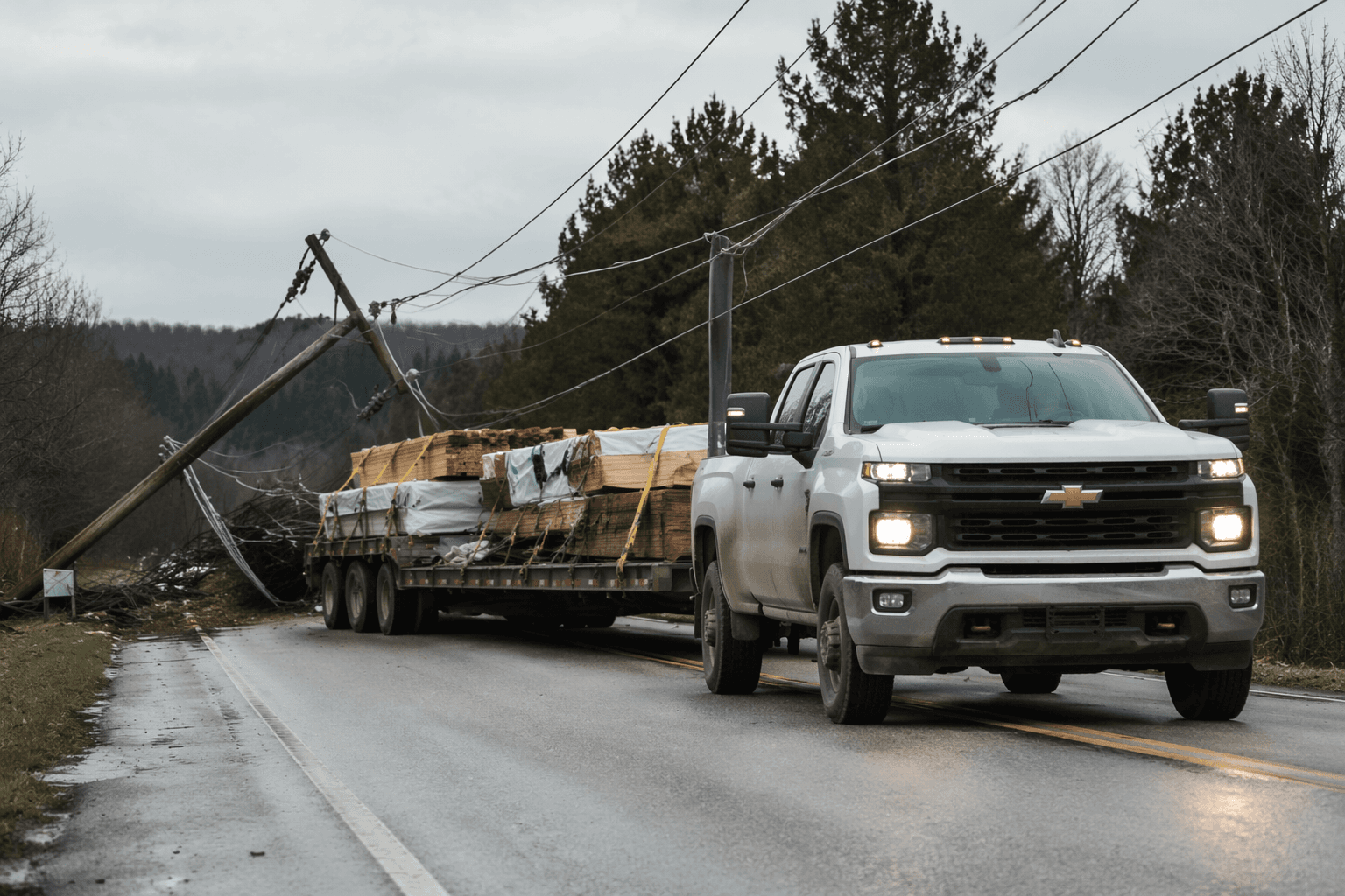 Tall trailer knocks down powerlines near Halfway on Highway 413