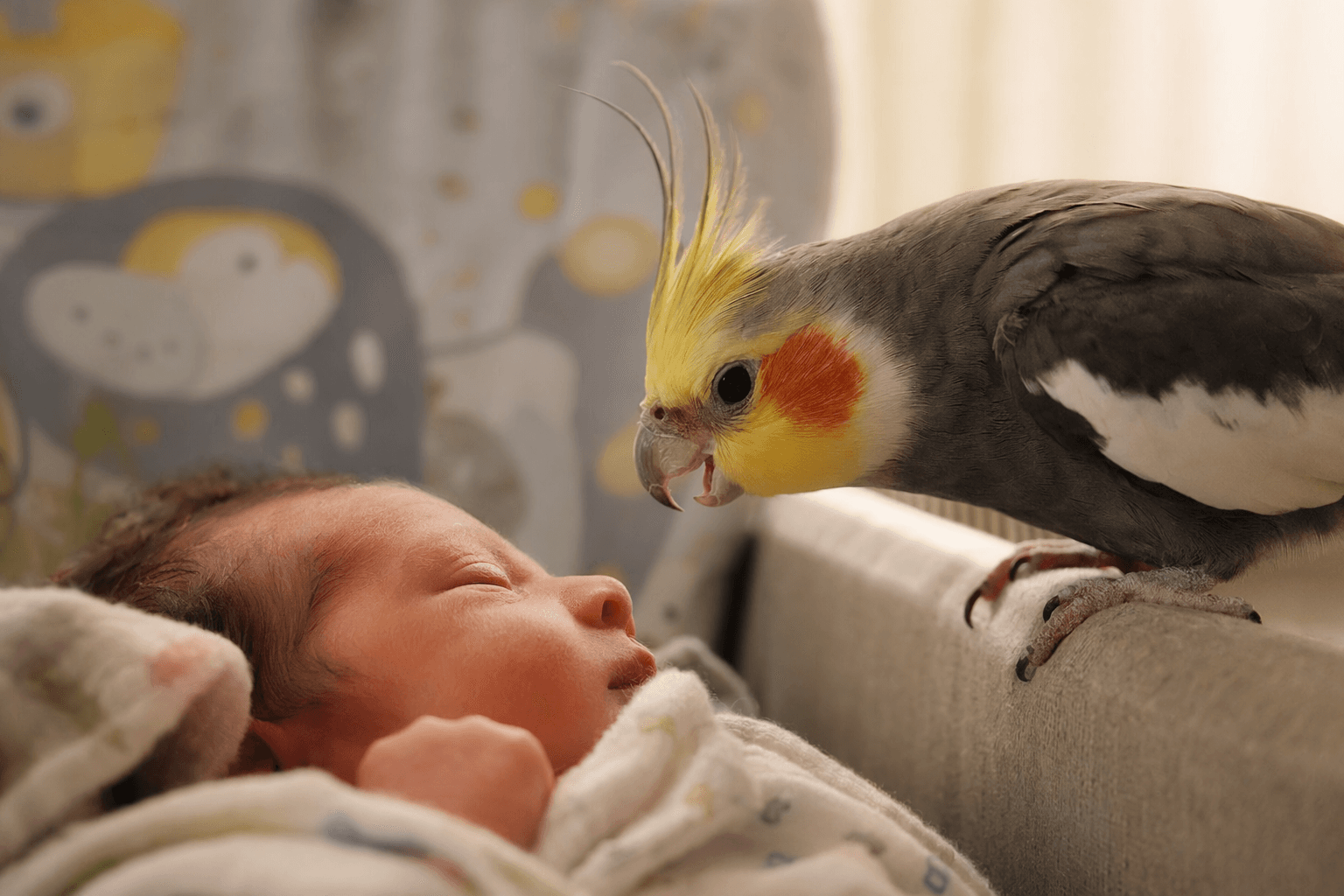 Cockatiel sweetly wakes newborn, showing strong flock bonds
