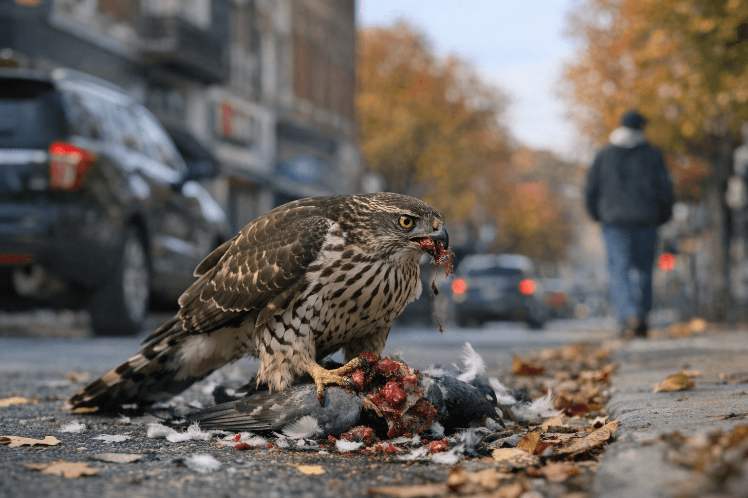 Juvenile Goshawk Spotted Feeding in Downtown Jamestown, Fall Colors Linger