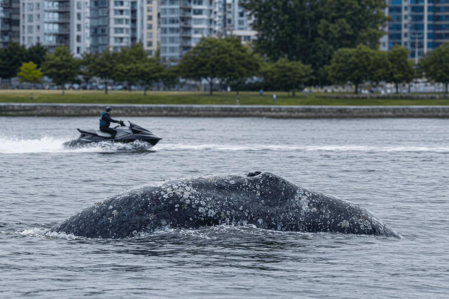 Sea-Doo strikes grey whale near Vancouver seawall, whale appears unhurt