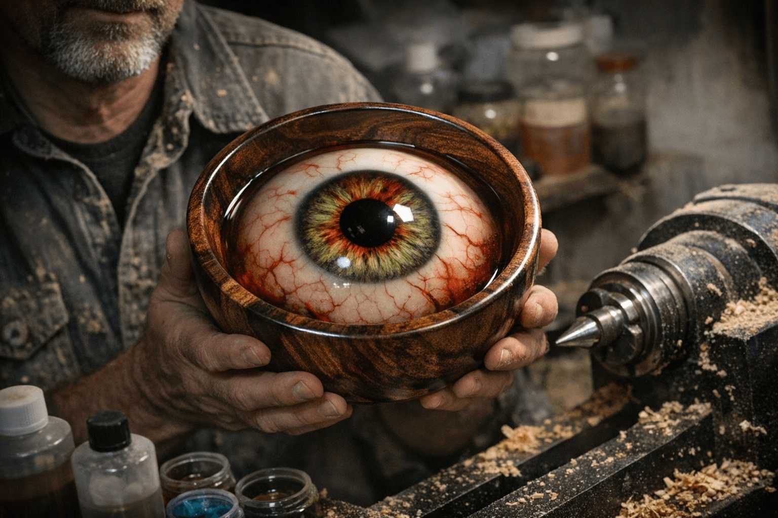 Woodturner Combines Epoxy Resin Casting and Lathe Work to Create Eerie Eyeball Bowl