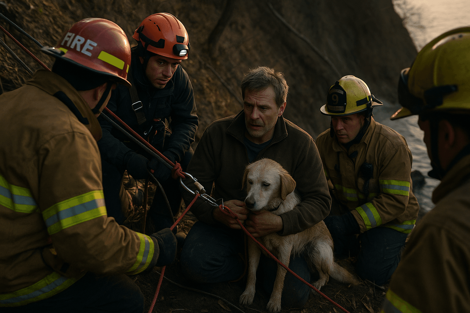 Volunteers and Fire Crews Rescue Man and Dog from Bluff