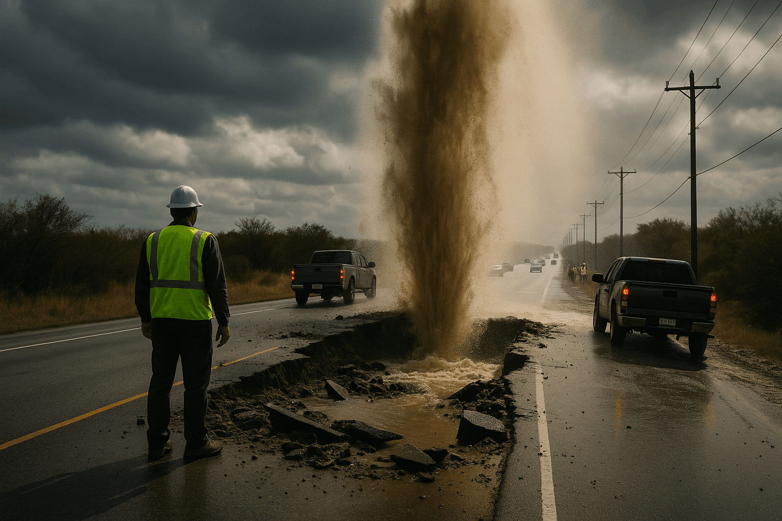 Major Water Main Break on US Highway 90 Near Del Rio