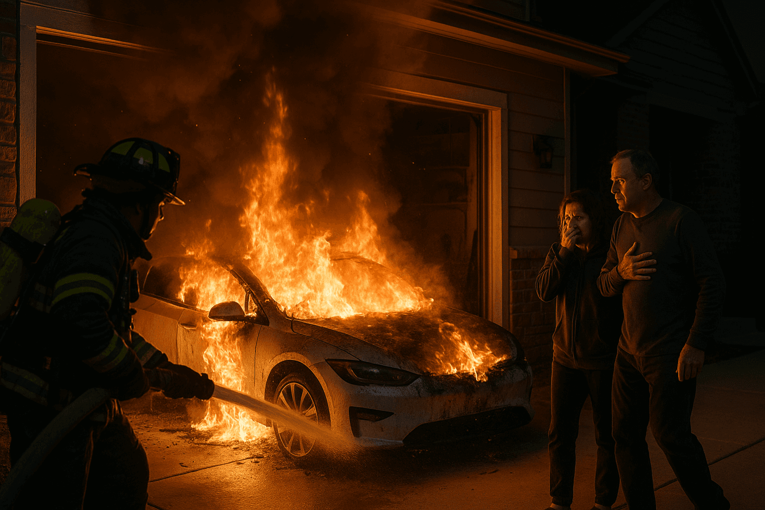 Electric vehicle blazes in Parker garage, occupants escape with one evaluated