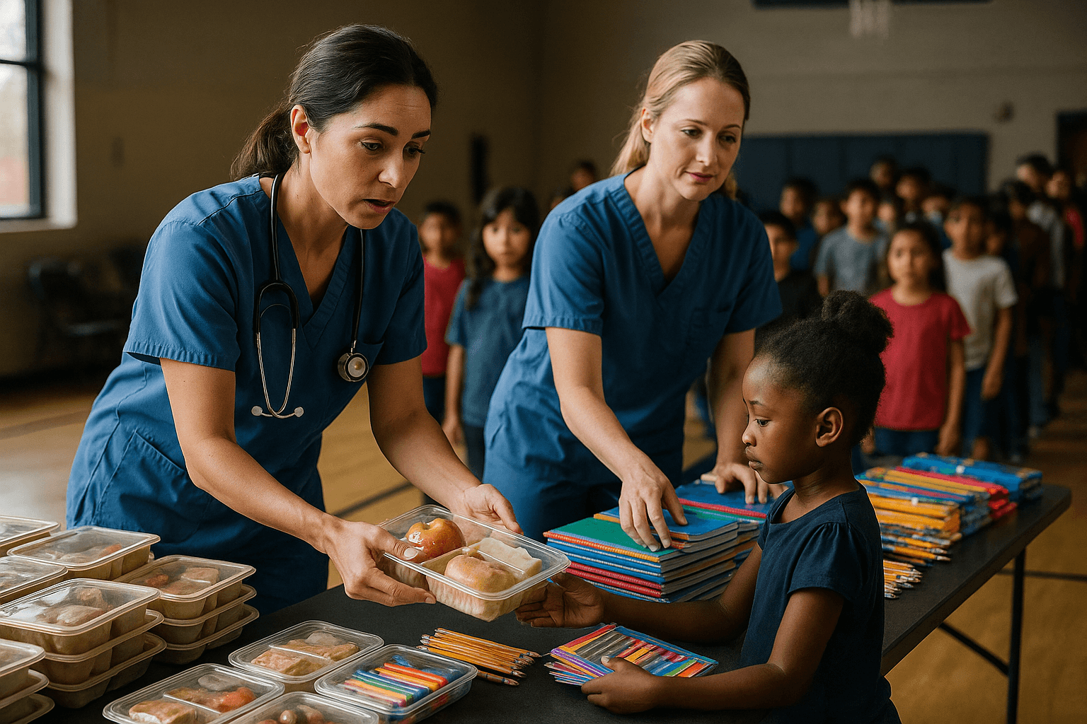 Hospital staff provide lunch and school supplies to more than 100 children