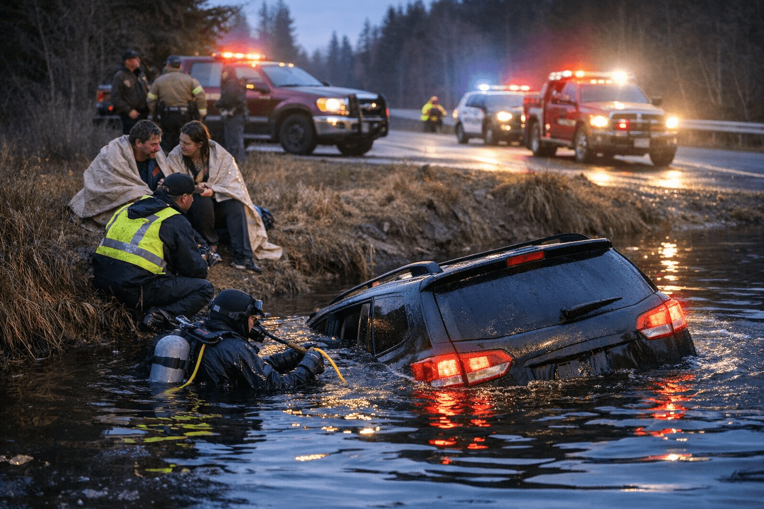 SUV Plunges Into Pond on Highway 20, Two Escape Unharmed