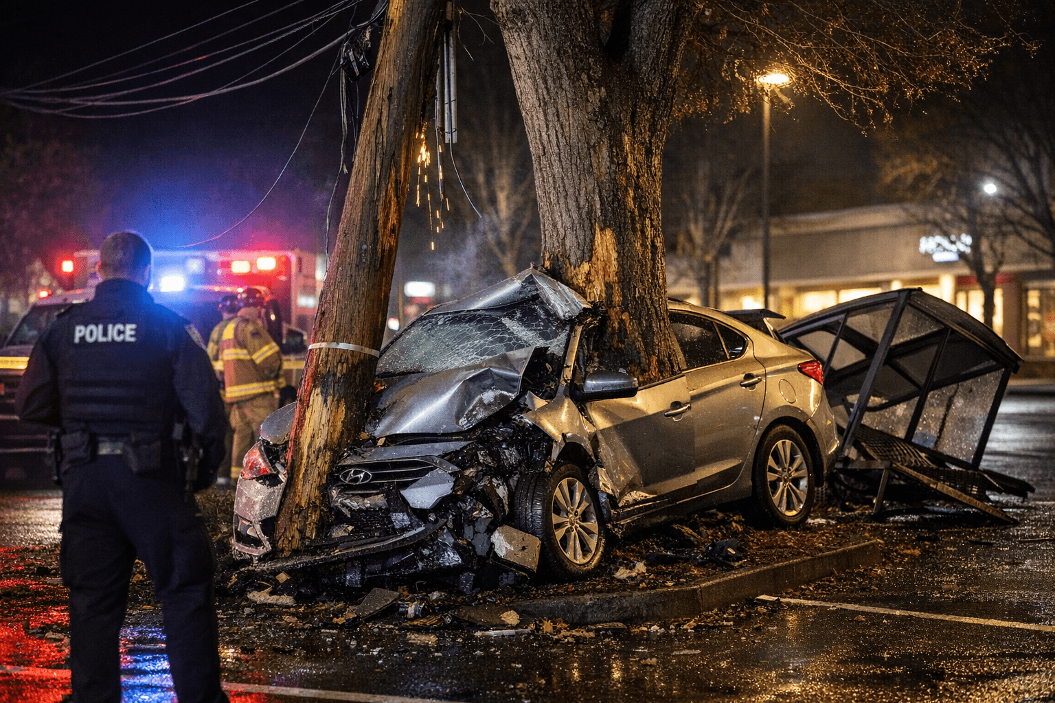 Car Crashes Into Pole and Tree at Coburg Road