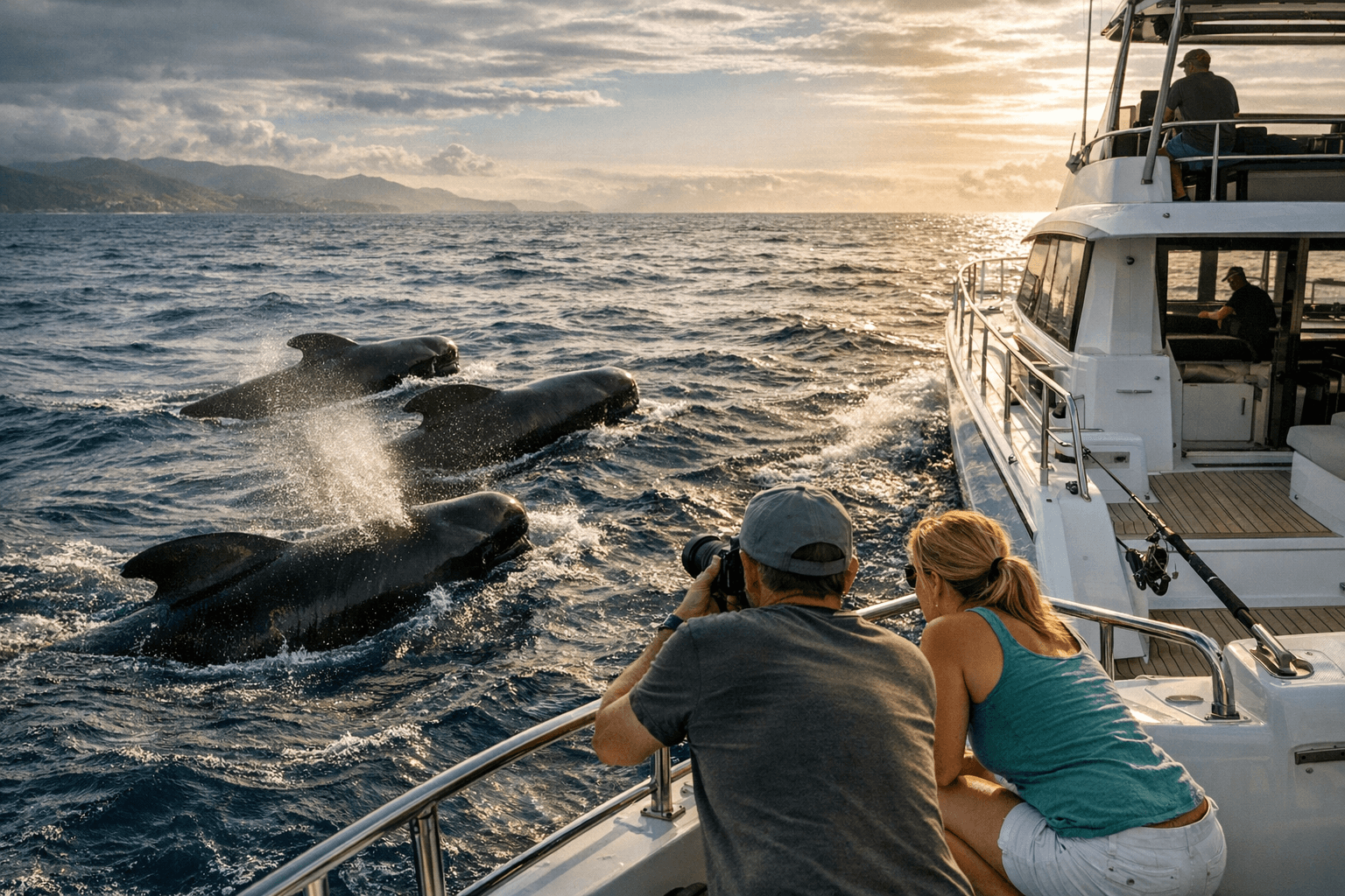 Pilot Whales Swim Beside Powercat for Nearly an Hour