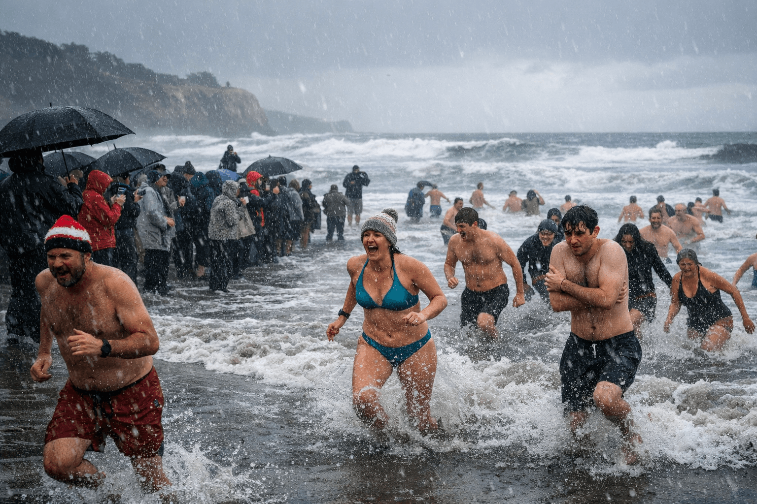 Ocean Beach Polar Plunge Draws Dozens Despite Rainy New Year