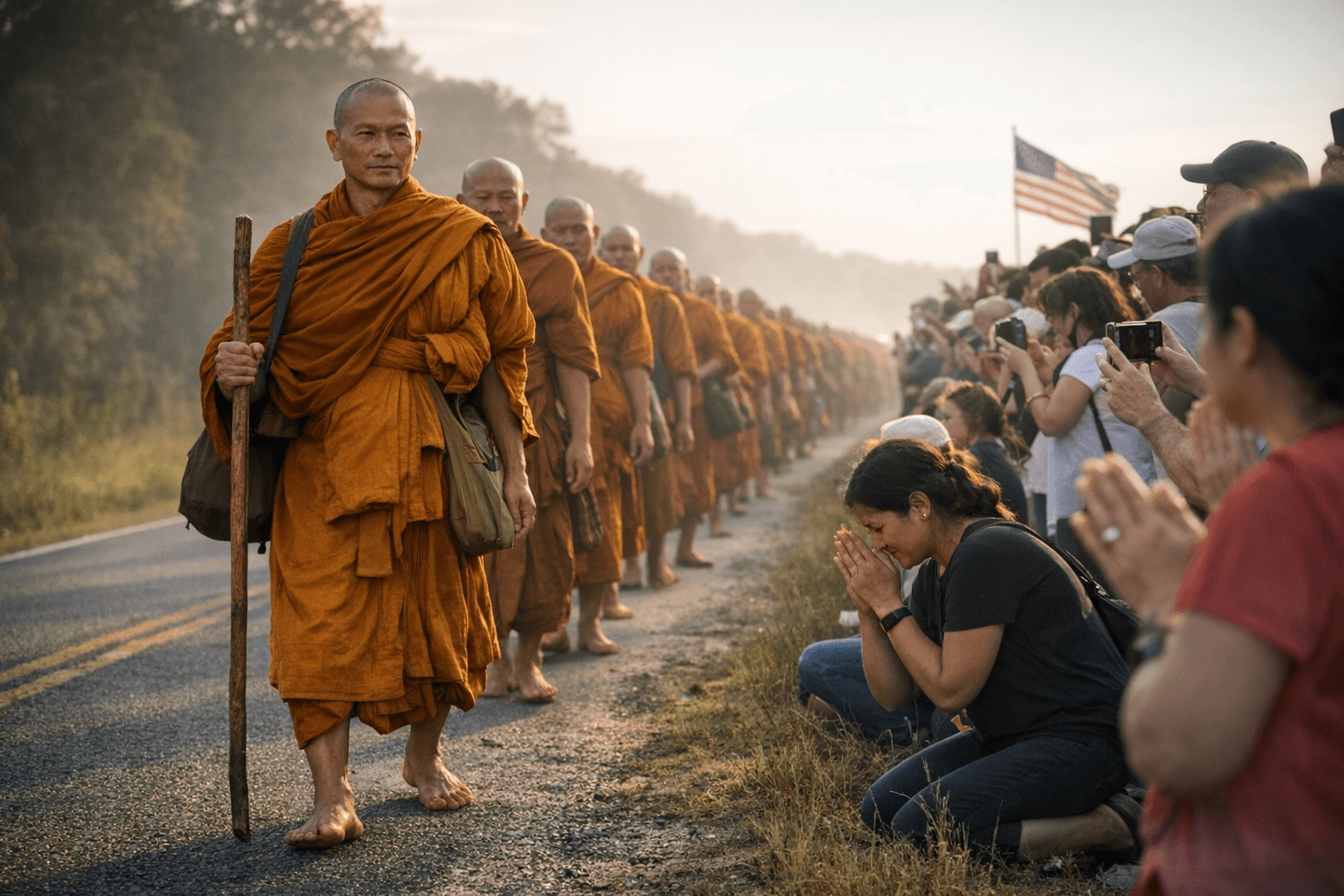 Theravada monks' 2,300-mile Walk for Peace draws thousands