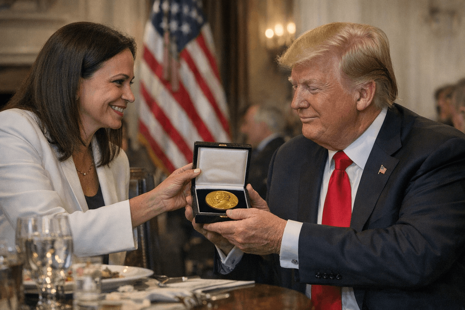 María Corina Machado presents Nobel to Trump during White House lunch