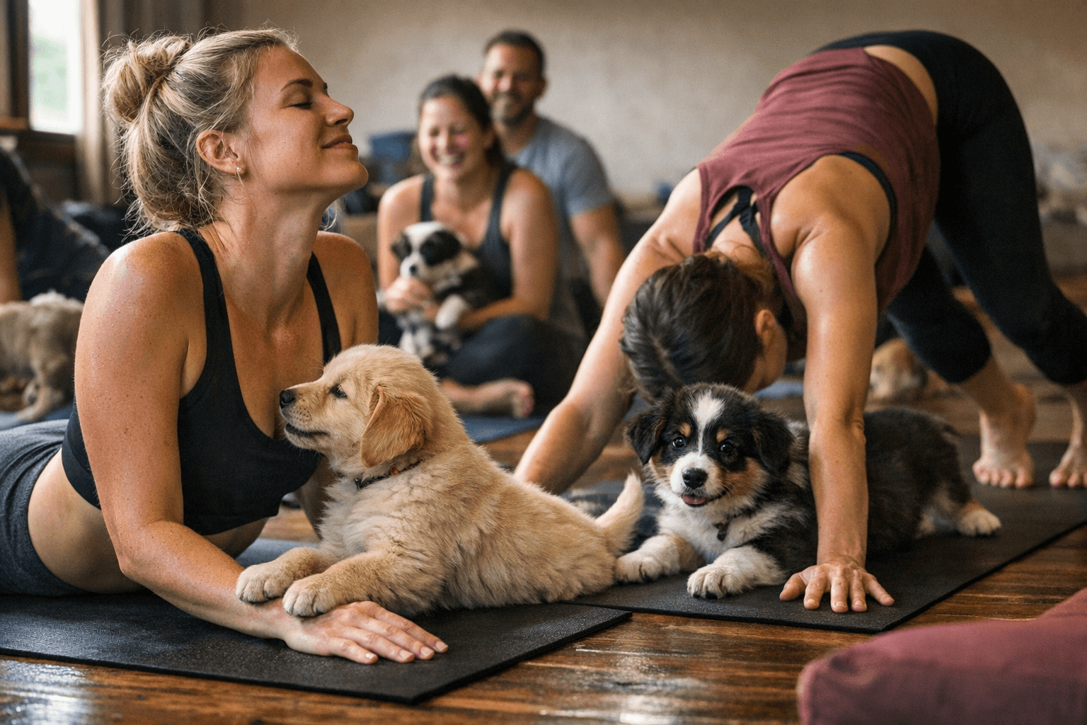 Puppy yoga session at YogaMix brings pups and poses to community mats