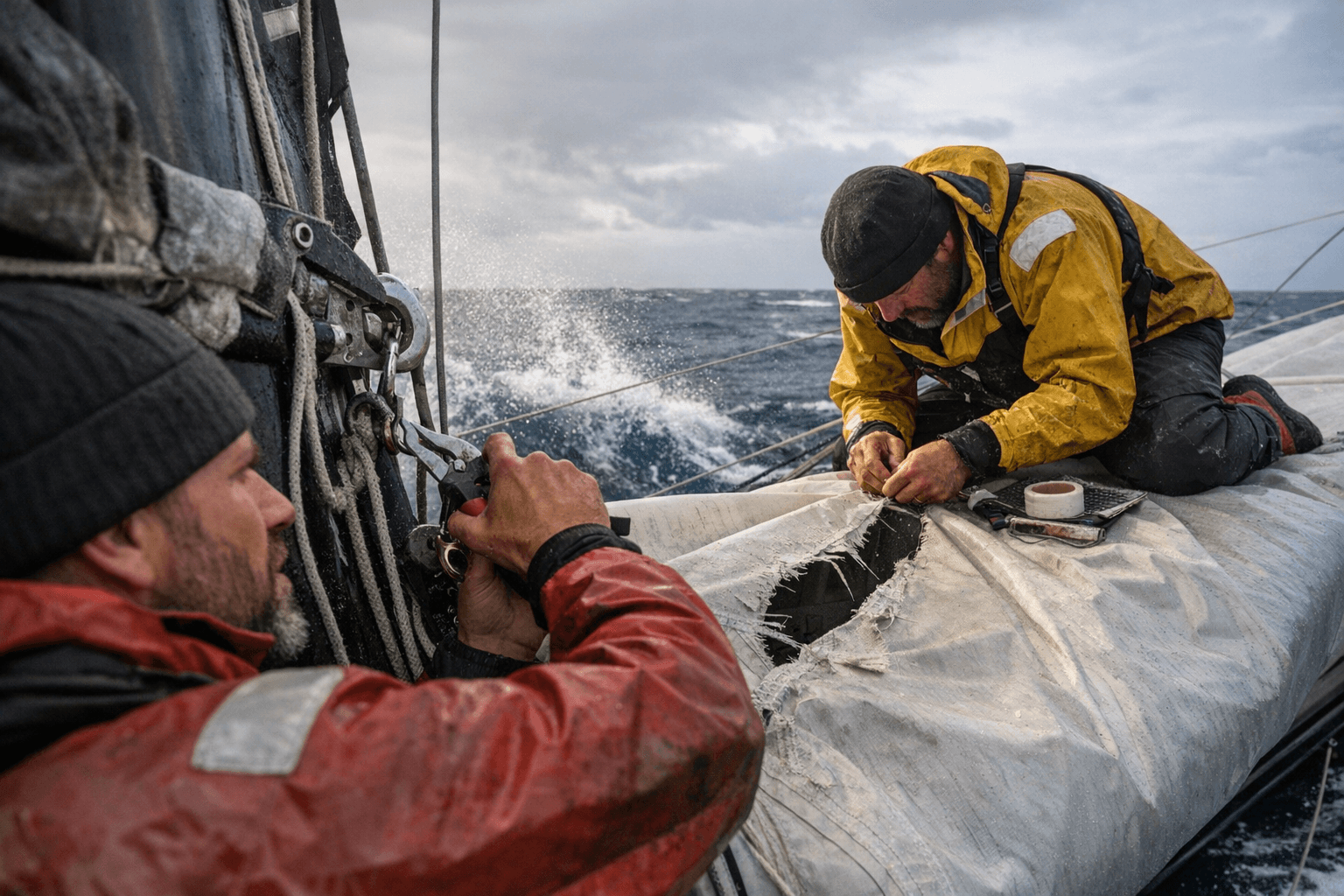 Day 49: Stuck Reefing Hook and Mainsail Tear Prompt Onboard Repairs