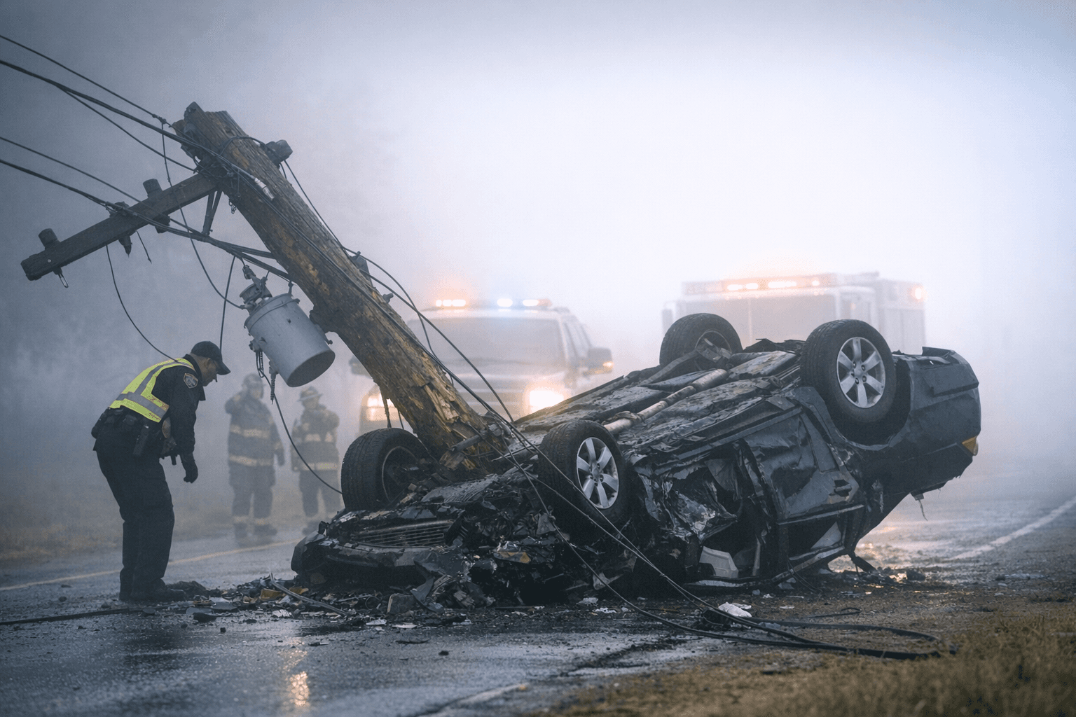 Car Overturns, Strikes Power Pole in Foggy Early-Morning Fresno Crash