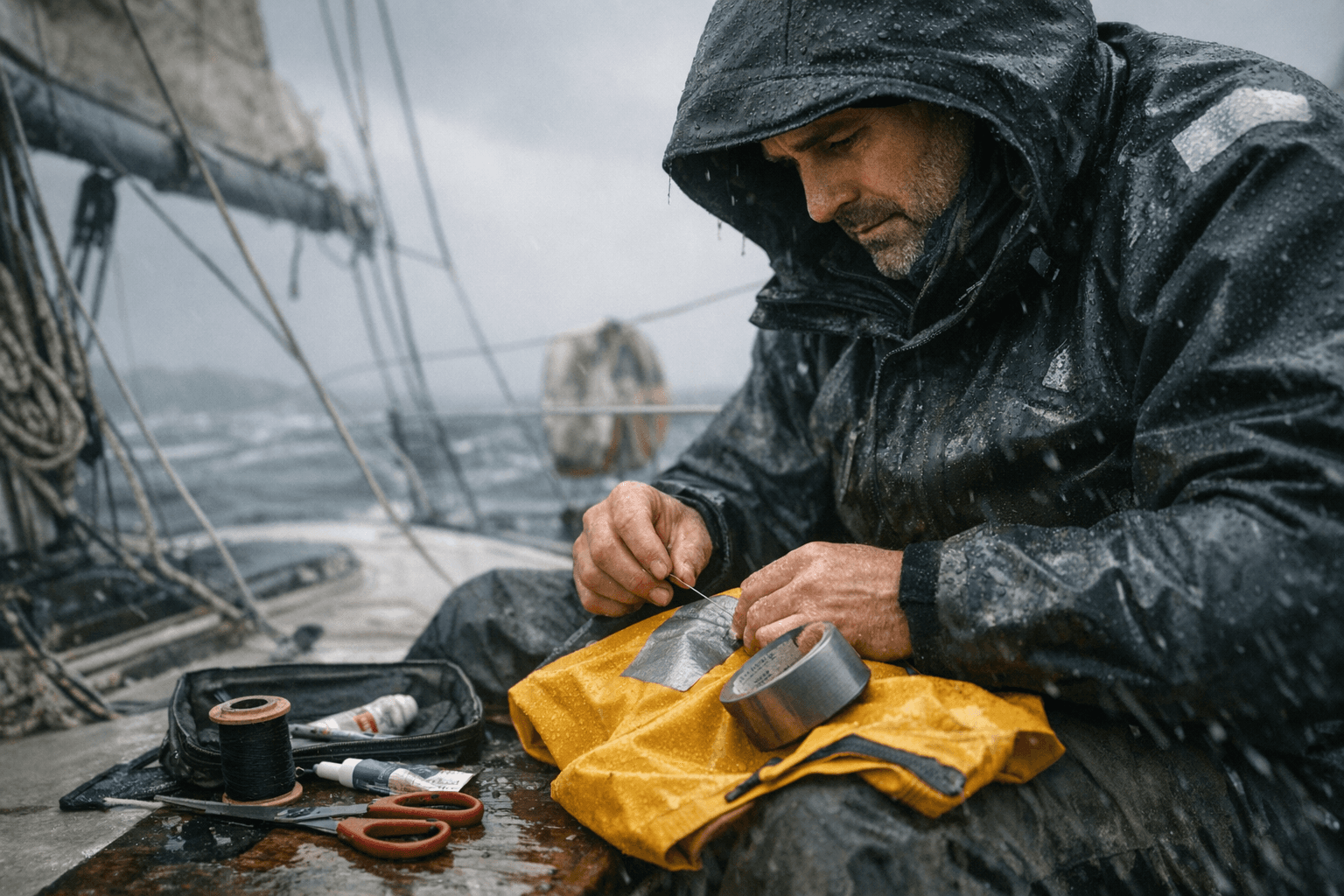 Practical Field Repairs for Foul-Weather Jackets Using Tape, Adhesives, and Sewing